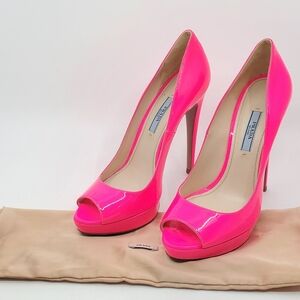 Prada Neon Pink Patent Leather Peep Toe Pumps